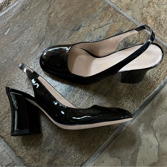 🍃💕NIB STUART WEITZMAN Curve 85 Black Patent Block Heel Slingback Pump Size 9.5 - Picture 5 of 16